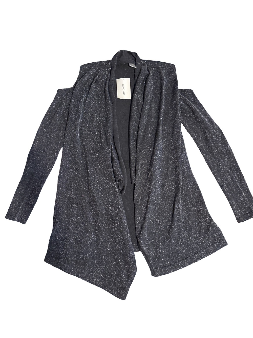 Cachet Gray Metallic Open-Front Cold-Shoulder Cardigan